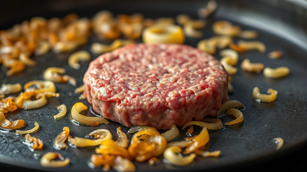 Close-up of perfectly caramelized golden-brown onions cooking on a hot griddle with a raw beef patty placed directly on top, steam rising, professional food photography, shallow depth of field