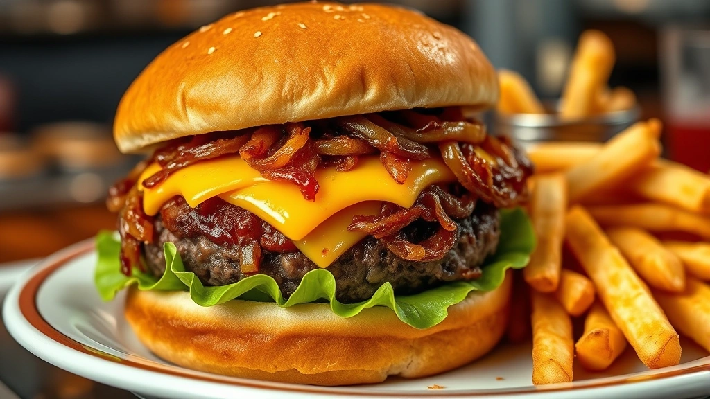 Finished old-fashioned onion burger with melted American cheese and caramelized onions piled high on a soft toasted bun, fresh lettuce and tomato visible, served on a classic diner plate with crispy french fries beside it