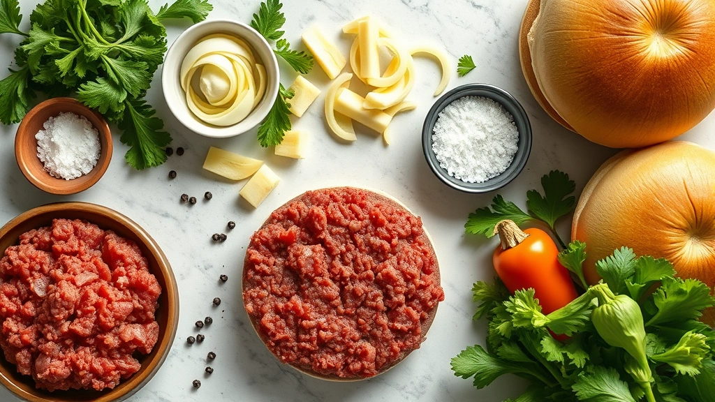 Overhead flat lay of burger ingredients arranged artfully: fresh ground beef, sliced yellow onions, kosher salt, fresh black pepper, soft brioche buns, and fresh vegetables on a clean kitchen counter with natural lighting