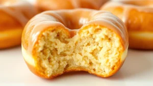 Golden-brown old fashioned donut with light glaze coating, close-up showing perfect crispy exterior texture and tender interior crumb structure, professional food photography, warm lighting, minimalist white background