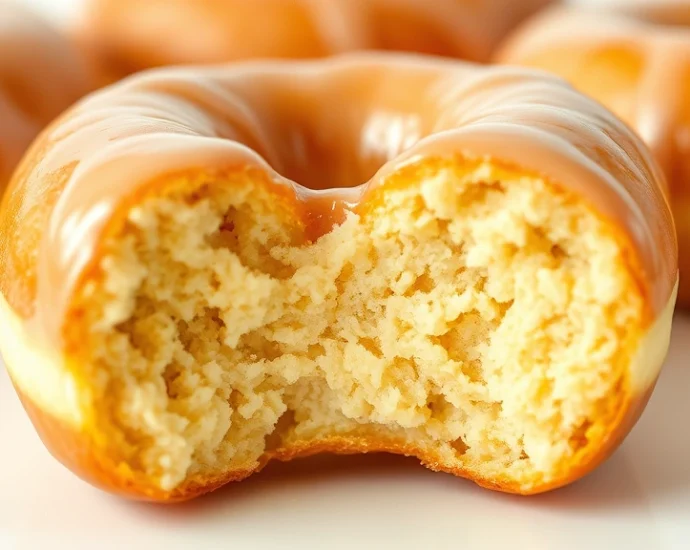 Golden-brown old fashioned donut with light glaze coating, close-up showing perfect crispy exterior texture and tender interior crumb structure, professional food photography, warm lighting, minimalist white background