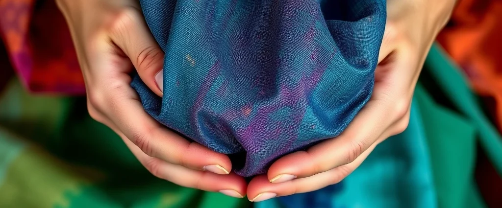 Close-up of hands holding vibrant naturally dyed fabric swatches in jewel tones, indigo blue, terracotta, and emerald green, soft natural lighting, artisanal textile styling