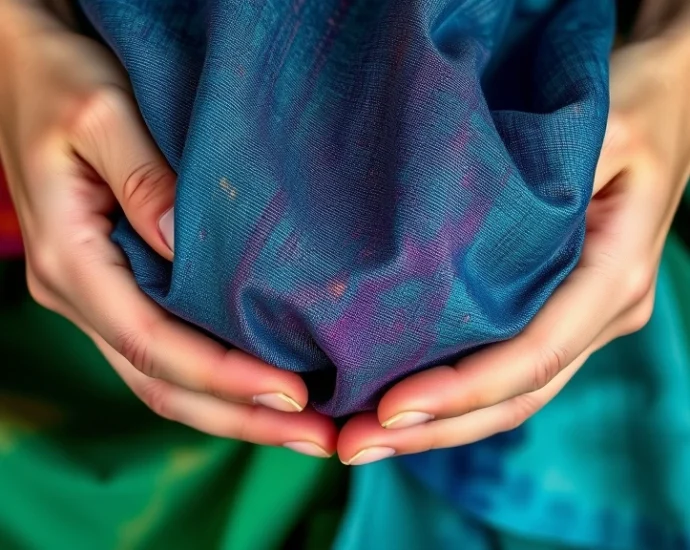 Close-up of hands holding vibrant naturally dyed fabric swatches in jewel tones, indigo blue, terracotta, and emerald green, soft natural lighting, artisanal textile styling