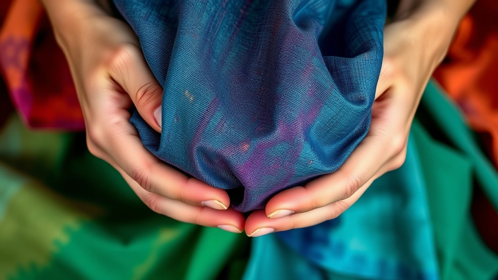Close-up of hands holding vibrant naturally dyed fabric swatches in jewel tones, indigo blue, terracotta, and emerald green, soft natural lighting, artisanal textile styling