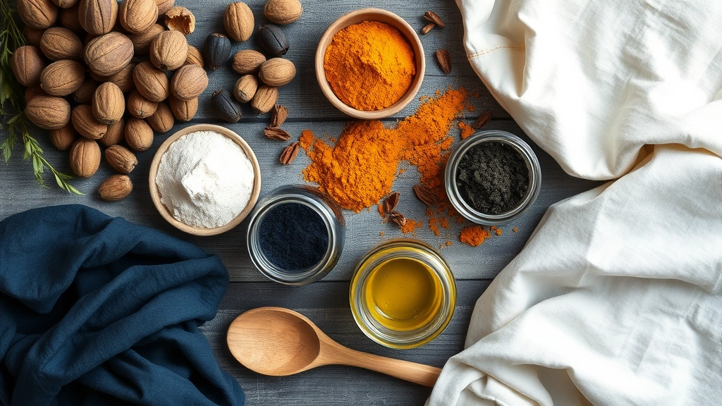Overhead flat lay of sustainable dyeing supplies including organic plant materials, walnut husks, turmeric powder, indigo powder, glass jars with natural dyes, wooden spoon, and vintage cotton garments ready for dyeing