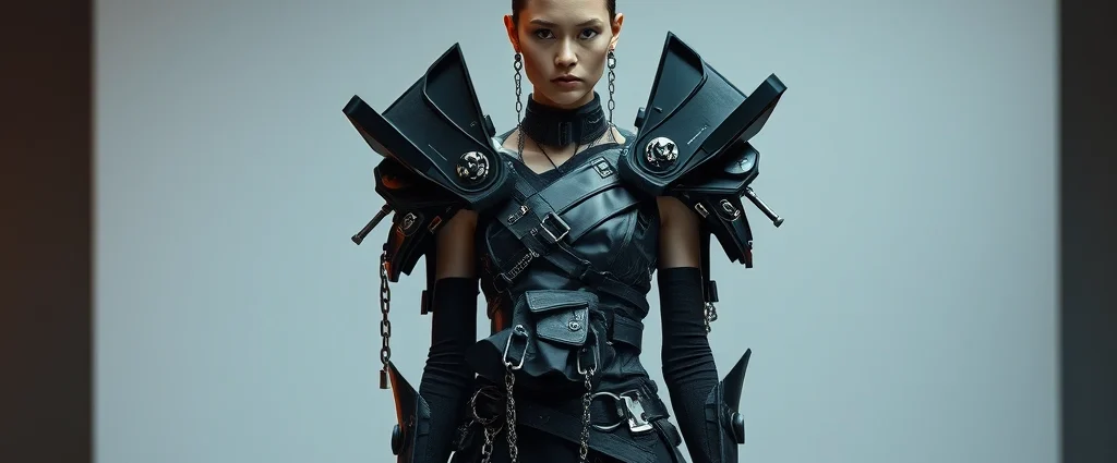 A model wearing an avant-garde dystopian outfit with exaggerated asymmetrical silhouette, oversized shoulders, layered black and metallic fabrics, visible hardware and chains as structural elements, standing in modern minimalist setting with dramatic lighting, photorealistic high fashion photography
