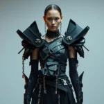 A model wearing an avant-garde dystopian outfit with exaggerated asymmetrical silhouette, oversized shoulders, layered black and metallic fabrics, visible hardware and chains as structural elements, standing in modern minimalist setting with dramatic lighting, photorealistic high fashion photography