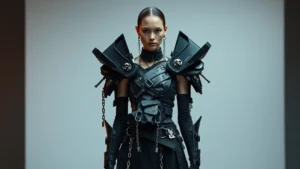 A model wearing an avant-garde dystopian outfit with exaggerated asymmetrical silhouette, oversized shoulders, layered black and metallic fabrics, visible hardware and chains as structural elements, standing in modern minimalist setting with dramatic lighting, photorealistic high fashion photography