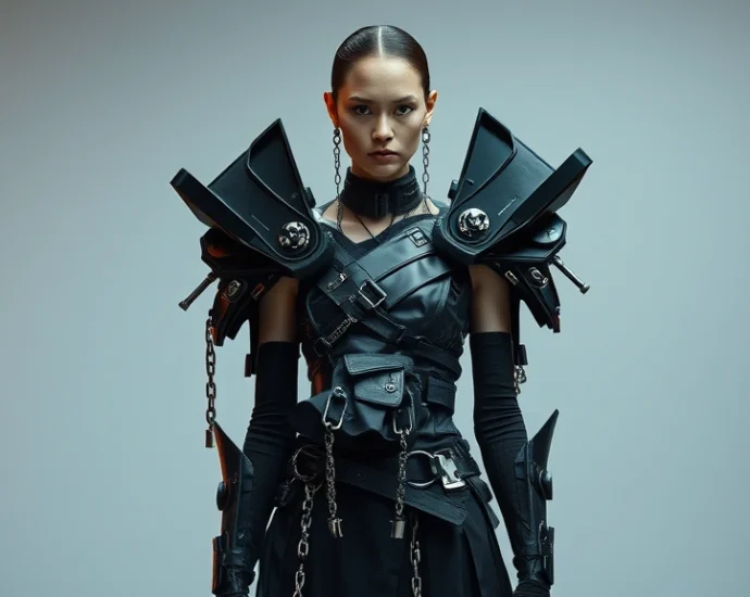 A model wearing an avant-garde dystopian outfit with exaggerated asymmetrical silhouette, oversized shoulders, layered black and metallic fabrics, visible hardware and chains as structural elements, standing in modern minimalist setting with dramatic lighting, photorealistic high fashion photography