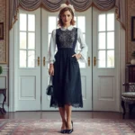 Full-length portrait of woman wearing classic black EGL jumper skirt with intricate lace overlay, coordinating white blouse with bell sleeves, ornate lace headbow, Mary Jane shoes, holding vintage-style handbag, standing in elegant interior with Victorian furnishings, natural soft lighting