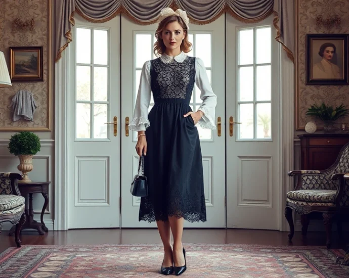 Full-length portrait of woman wearing classic black EGL jumper skirt with intricate lace overlay, coordinating white blouse with bell sleeves, ornate lace headbow, Mary Jane shoes, holding vintage-style handbag, standing in elegant interior with Victorian furnishings, natural soft lighting