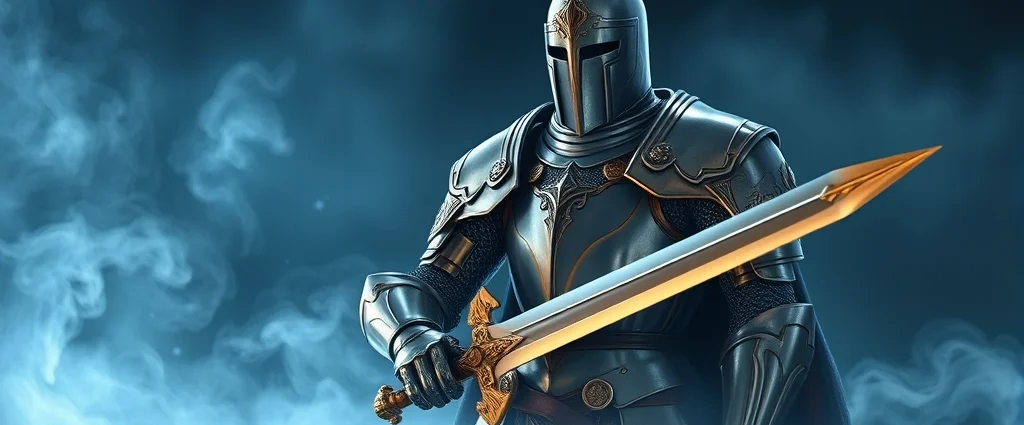 Ornate medieval knight in polished silver plate armor with golden accents, holding an elegant greatsword, standing in dramatic fantasy lighting with ethereal blue mist surrounding the character, photorealistic rendering
