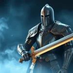 Ornate medieval knight in polished silver plate armor with golden accents, holding an elegant greatsword, standing in dramatic fantasy lighting with ethereal blue mist surrounding the character, photorealistic rendering