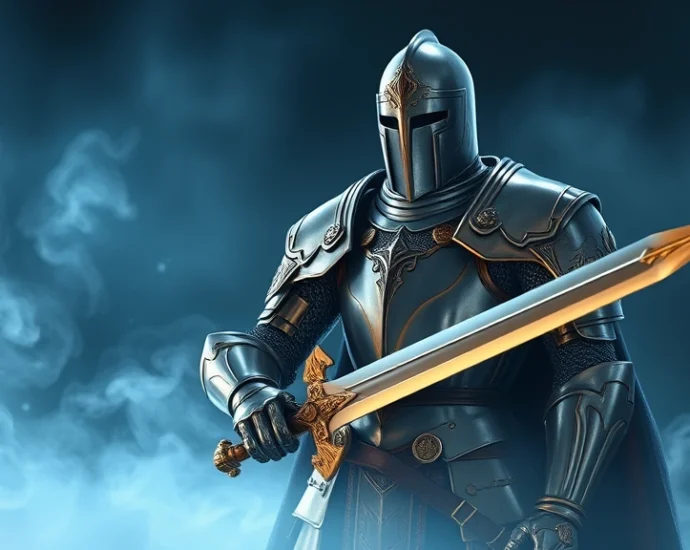 Ornate medieval knight in polished silver plate armor with golden accents, holding an elegant greatsword, standing in dramatic fantasy lighting with ethereal blue mist surrounding the character, photorealistic rendering