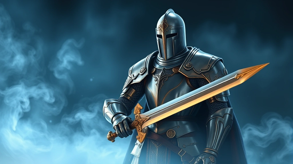 Ornate medieval knight in polished silver plate armor with golden accents, holding an elegant greatsword, standing in dramatic fantasy lighting with ethereal blue mist surrounding the character, photorealistic rendering