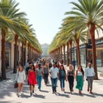 Overhead view of Fashion Valley street with well-dressed shoppers carrying designer bags, palm trees lining sidewalk, modern storefronts with large windows displaying fashionable clothing, sunny California afternoon lighting, diverse group of stylish people walking, clean pavement with fashion district aesthetic