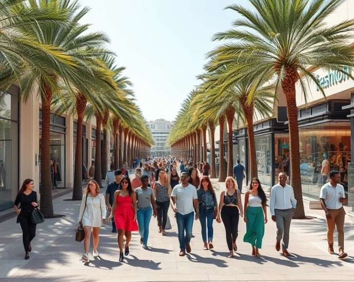 Overhead view of Fashion Valley street with well-dressed shoppers carrying designer bags, palm trees lining sidewalk, modern storefronts with large windows displaying fashionable clothing, sunny California afternoon lighting, diverse group of stylish people walking, clean pavement with fashion district aesthetic