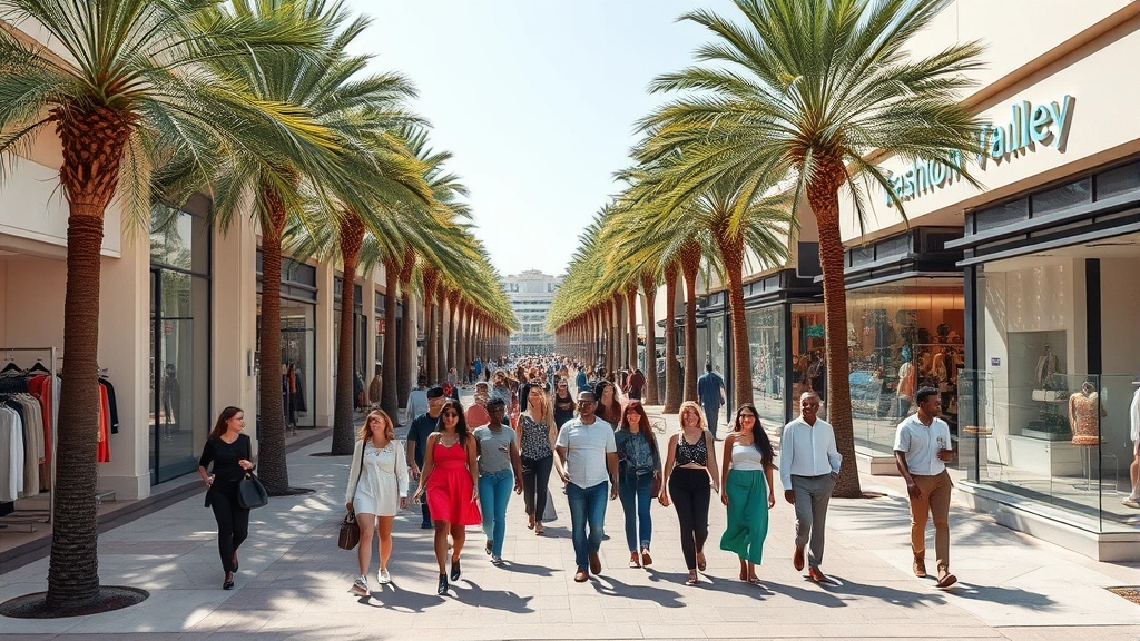 Overhead view of Fashion Valley street with well-dressed shoppers carrying designer bags, palm trees lining sidewalk, modern storefronts with large windows displaying fashionable clothing, sunny California afternoon lighting, diverse group of stylish people walking, clean pavement with fashion district aesthetic