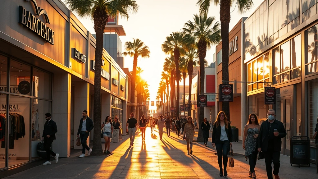 Fashion Valley street scene at golden hour with multiple boutique storefronts, fashion-forward pedestrians in stylish outfits, warm sunset lighting creating dramatic shadows, vibrant neighborhood energy, modern retail architecture, people engaged in shopping experience, authentic street style moment