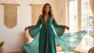 Woman wearing flowing peacock-colored maxi dress with bell sleeves, standing in sunlit bohemian interior with macramé wall hanging, showcasing relaxed 70s hippie aesthetic with confidence