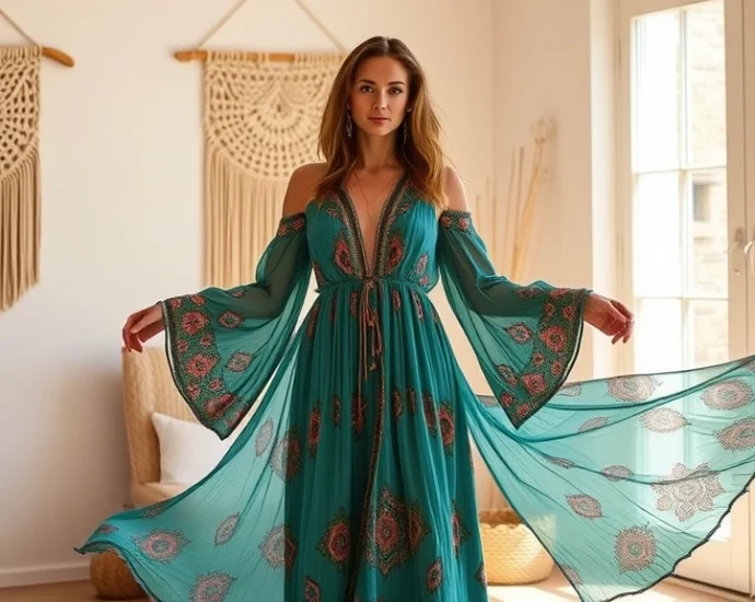 Woman wearing flowing peacock-colored maxi dress with bell sleeves, standing in sunlit bohemian interior with macramé wall hanging, showcasing relaxed 70s hippie aesthetic with confidence