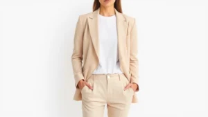Woman in minimalist neutral outfit wearing tailored beige blazer, white t-shirt, and cream trousers, standing against white background, professional styling, natural lighting, clean aesthetic, fashion editorial style