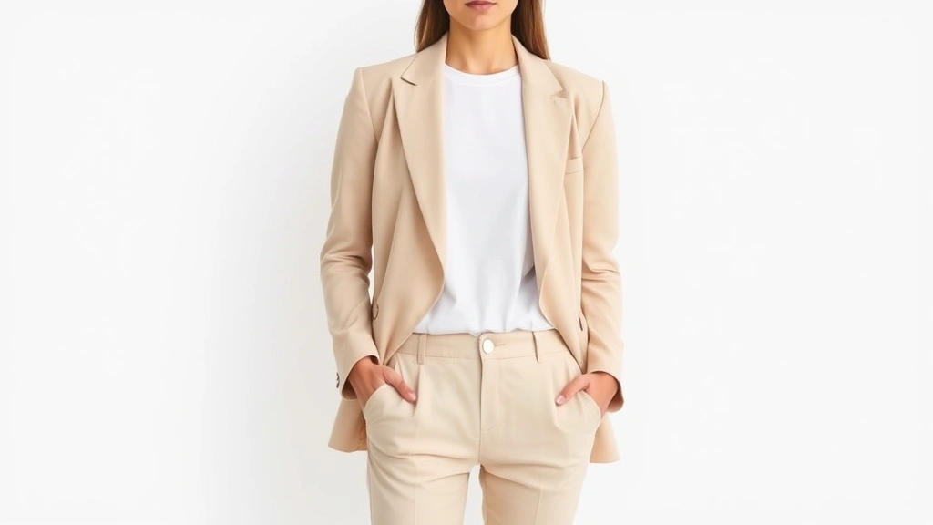 Woman in minimalist neutral outfit wearing tailored beige blazer, white t-shirt, and cream trousers, standing against white background, professional styling, natural lighting, clean aesthetic, fashion editorial style