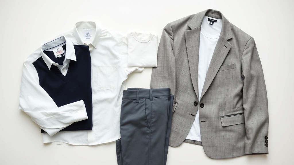 Flat lay of organized capsule wardrobe basics including folded white shirt, navy sweater, gray trousers, white t-shirt, neutral blazer, arranged on white surface, fashion styling, minimalist composition