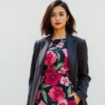 Woman wearing oversized bold azalea floral print dress with structured blazer, neutral accessories, professional confident posture, natural daylight, editorial fashion photography