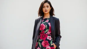 Woman wearing oversized bold azalea floral print dress with structured blazer, neutral accessories, professional confident posture, natural daylight, editorial fashion photography