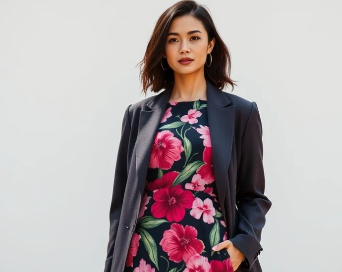 Woman wearing oversized bold azalea floral print dress with structured blazer, neutral accessories, professional confident posture, natural daylight, editorial fashion photography