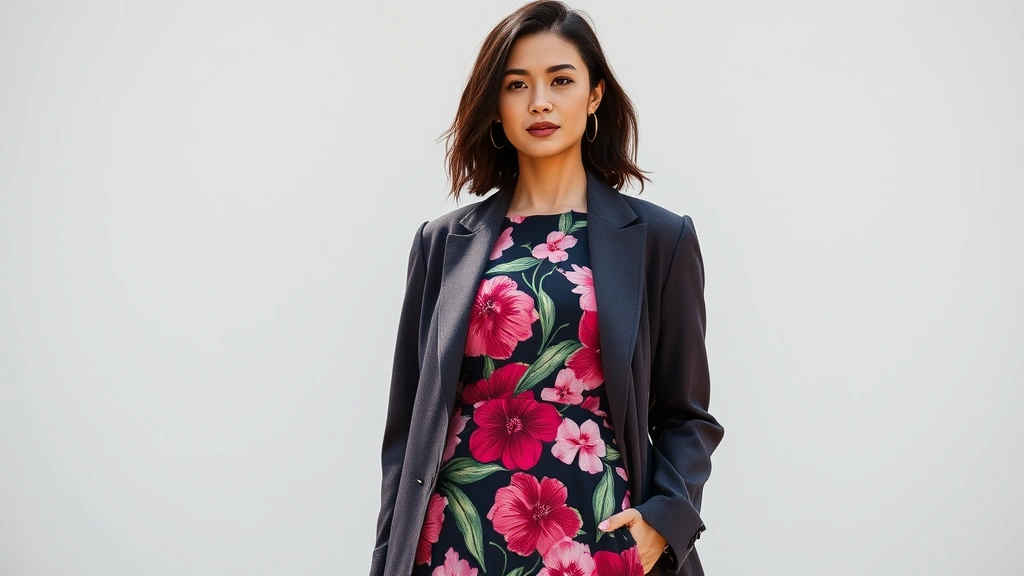 Woman wearing oversized bold azalea floral print dress with structured blazer, neutral accessories, professional confident posture, natural daylight, editorial fashion photography