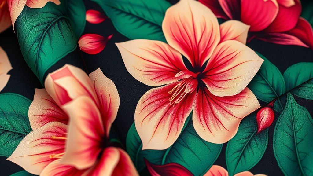 Close-up of vibrant botanical print fabric featuring deep emerald, burgundy and cream azalea flowers, luxurious textile detail, fashion styling context, high-end photography