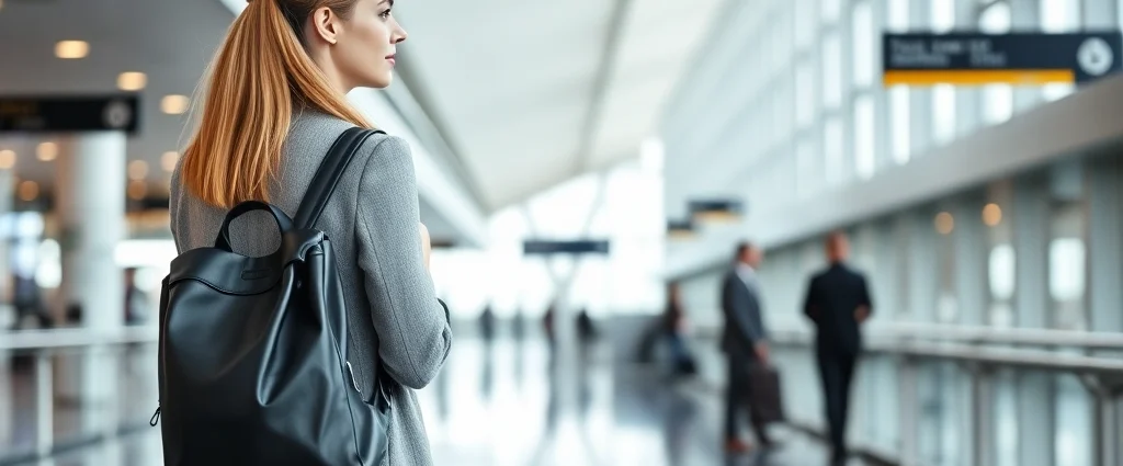 Professional woman wearing a sleek black leather backpack at modern airport terminal, minimalist aesthetic, natural lighting, contemporary fashion