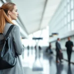 Professional woman wearing a sleek black leather backpack at modern airport terminal, minimalist aesthetic, natural lighting, contemporary fashion
