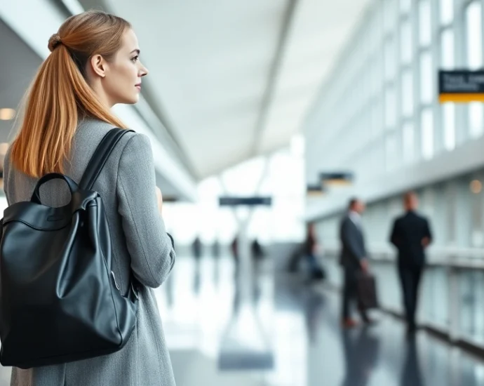 Professional woman wearing a sleek black leather backpack at modern airport terminal, minimalist aesthetic, natural lighting, contemporary fashion