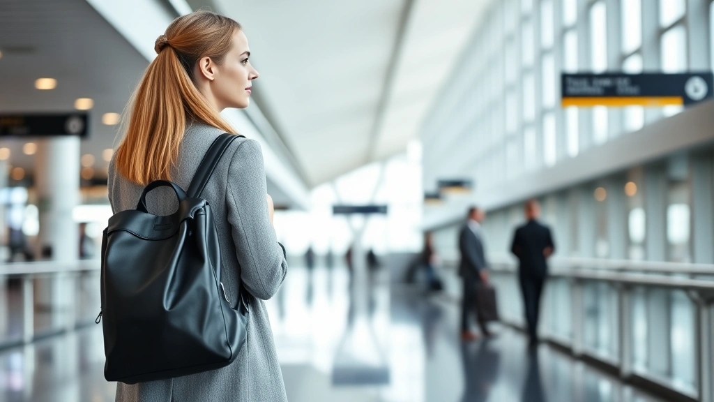 Professional woman wearing a sleek black leather backpack at modern airport terminal, minimalist aesthetic, natural lighting, contemporary fashion