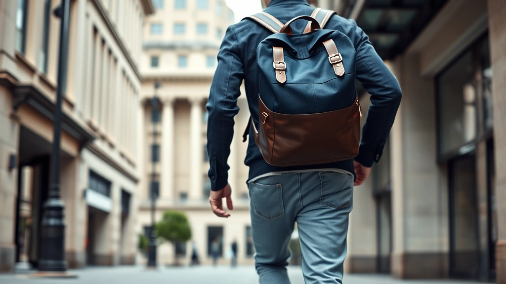 Young businessman walking through urban city street wearing a sophisticated navy canvas and leather hybrid backpack, architectural background, confident stride