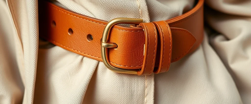 Close-up of a luxurious wide cognac leather belt with gold buckle detail draped over neutral linen fabric, professional fashion photography with natural studio lighting