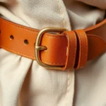 Close-up of a luxurious wide cognac leather belt with gold buckle detail draped over neutral linen fabric, professional fashion photography with natural studio lighting