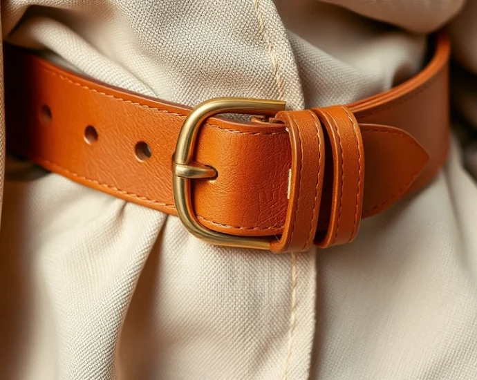 Close-up of a luxurious wide cognac leather belt with gold buckle detail draped over neutral linen fabric, professional fashion photography with natural studio lighting