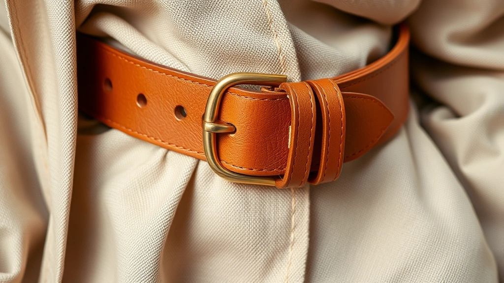 Close-up of a luxurious wide cognac leather belt with gold buckle detail draped over neutral linen fabric, professional fashion photography with natural studio lighting
