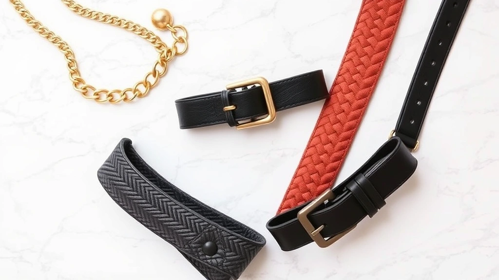 Flat lay arrangement of five different seasonal belts: gold chain belt, black leather minimalist belt, woven fabric belt, quilted statement belt, and metal buckle belt on white marble surface