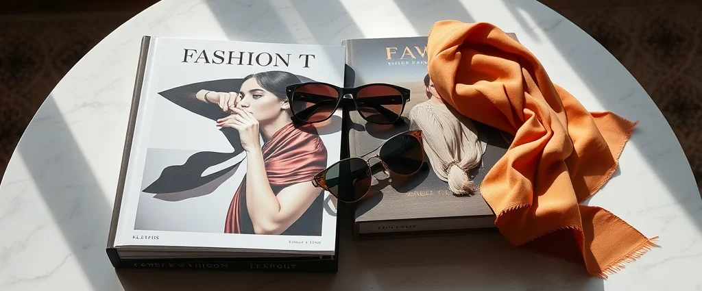 Flat lay of luxury fashion coffee table books with silk scarves and designer sunglasses arranged on marble surface, natural lighting, elegant aesthetic, high-end bookshelf styling