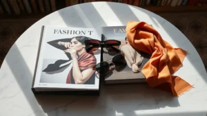 Flat lay of luxury fashion coffee table books with silk scarves and designer sunglasses arranged on marble surface, natural lighting, elegant aesthetic, high-end bookshelf styling