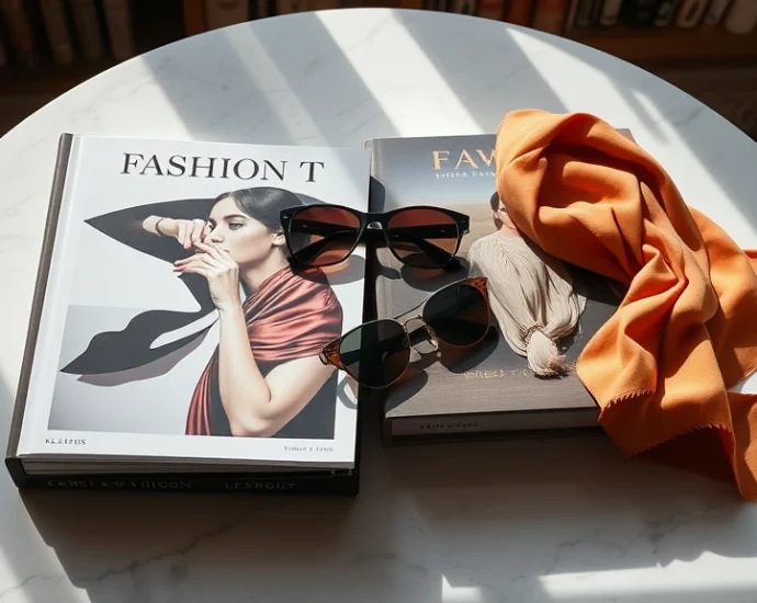 Flat lay of luxury fashion coffee table books with silk scarves and designer sunglasses arranged on marble surface, natural lighting, elegant aesthetic, high-end bookshelf styling