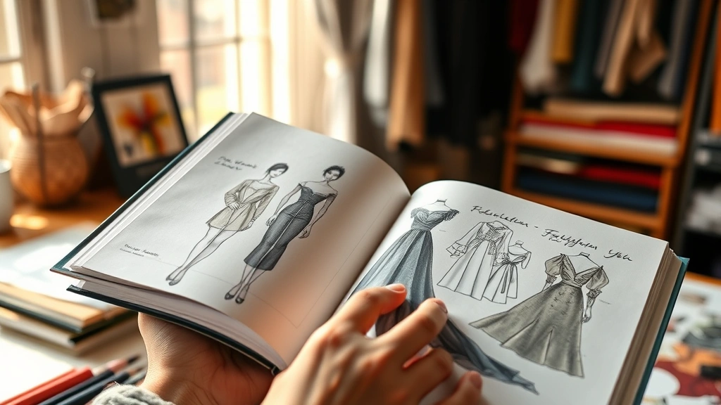 Close-up of hands holding open an illustrated fashion design book showing sketches and fabric swatches, warm natural light, detailed garment illustrations, creative workspace ambiance