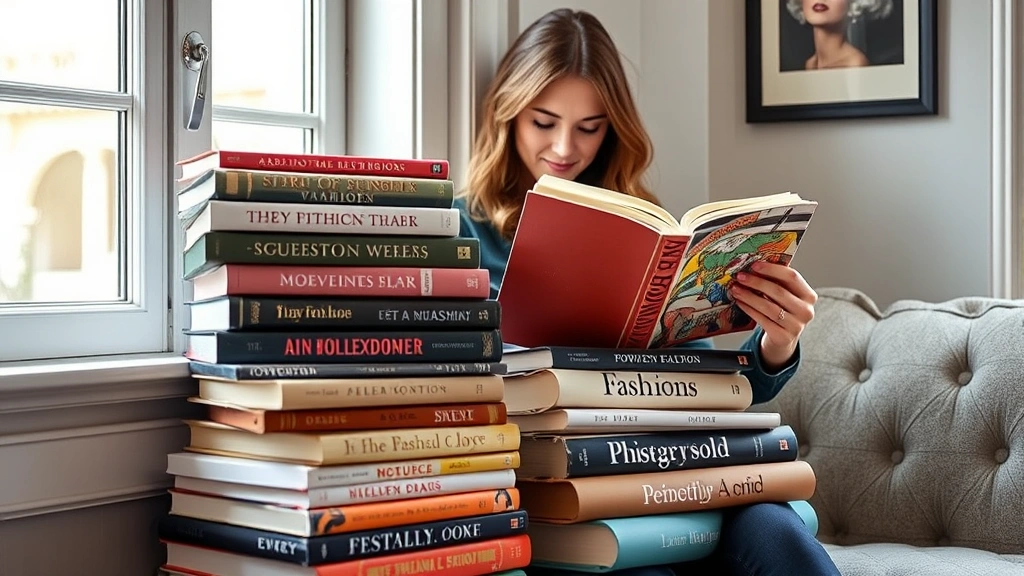 Stack of diverse fashion books including vintage editions and contemporary titles with a fashionable woman reading, cozy reading nook setting, natural window light, inspirational mood