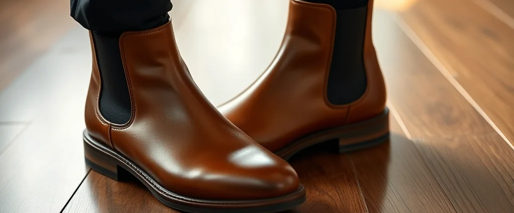Close-up of premium tan leather Chelsea boots on polished wooden floor, showing clean lines and elastic side panels, morning natural light, photorealistic, professional footwear photography