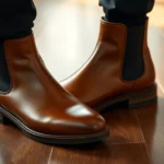 Close-up of premium tan leather Chelsea boots on polished wooden floor, showing clean lines and elastic side panels, morning natural light, photorealistic, professional footwear photography